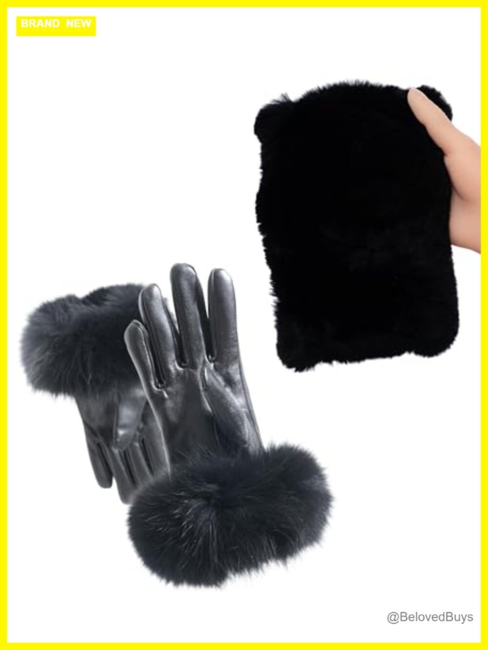 2-in-1 Real Fur Headband & Lambskin Leather Gloves with Fox Fur Cuffs